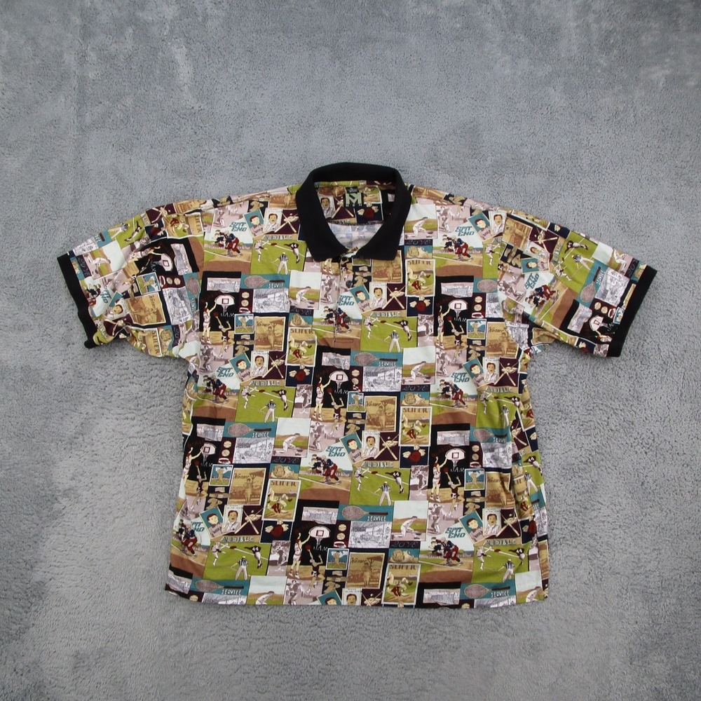 Nicole Miller Men Vintage Sports Comic Print Polo Shirt XL Cotton Retro Graphic